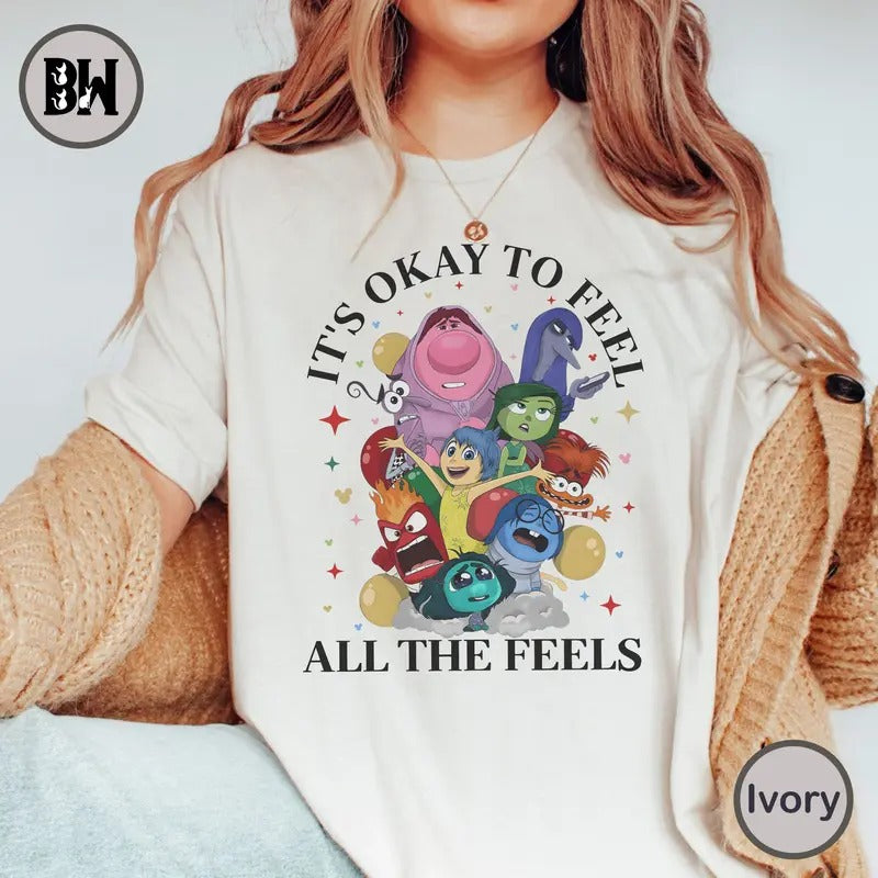 It's Okay To Feel All The Feels Shirt, Mental Health Shirt, Cartoon Inside Out Emotions Friends Shirt, Para BCBA ABA,...