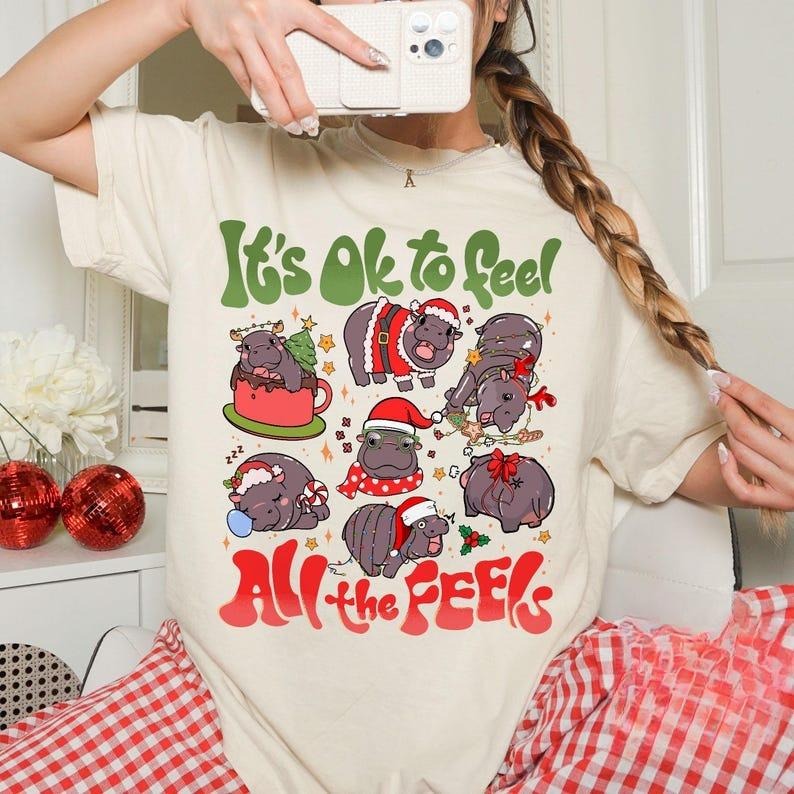 It's Okay To Feel All The Feels Shirt, Moo Deng Christmas Shirt, Trendy Baby Hippo, I Want A Moo Deng For Christmas...