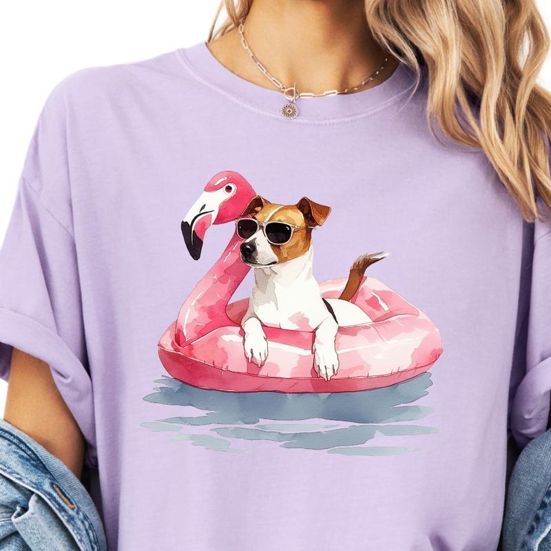 Jack Russell Flamingo Float Dog Shirt ~ Unisex Apparel Relaxed Fit Printed In The USA Clothing Womenswear Casual Comfort...