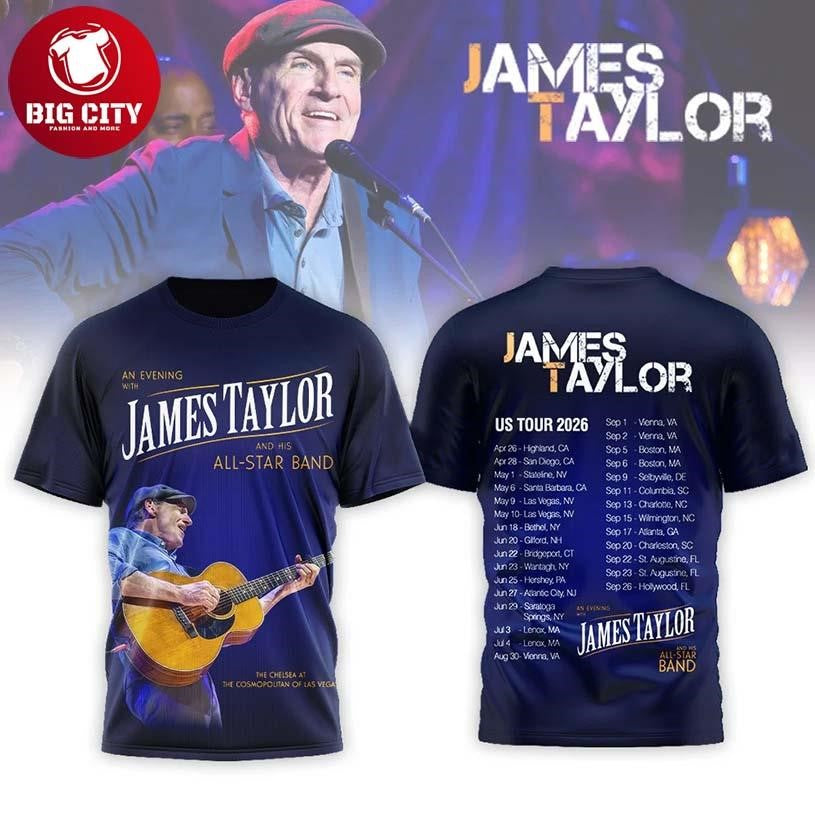 James Taylor Us Tour 2026 All Star Band Concert Two Sided Shirt