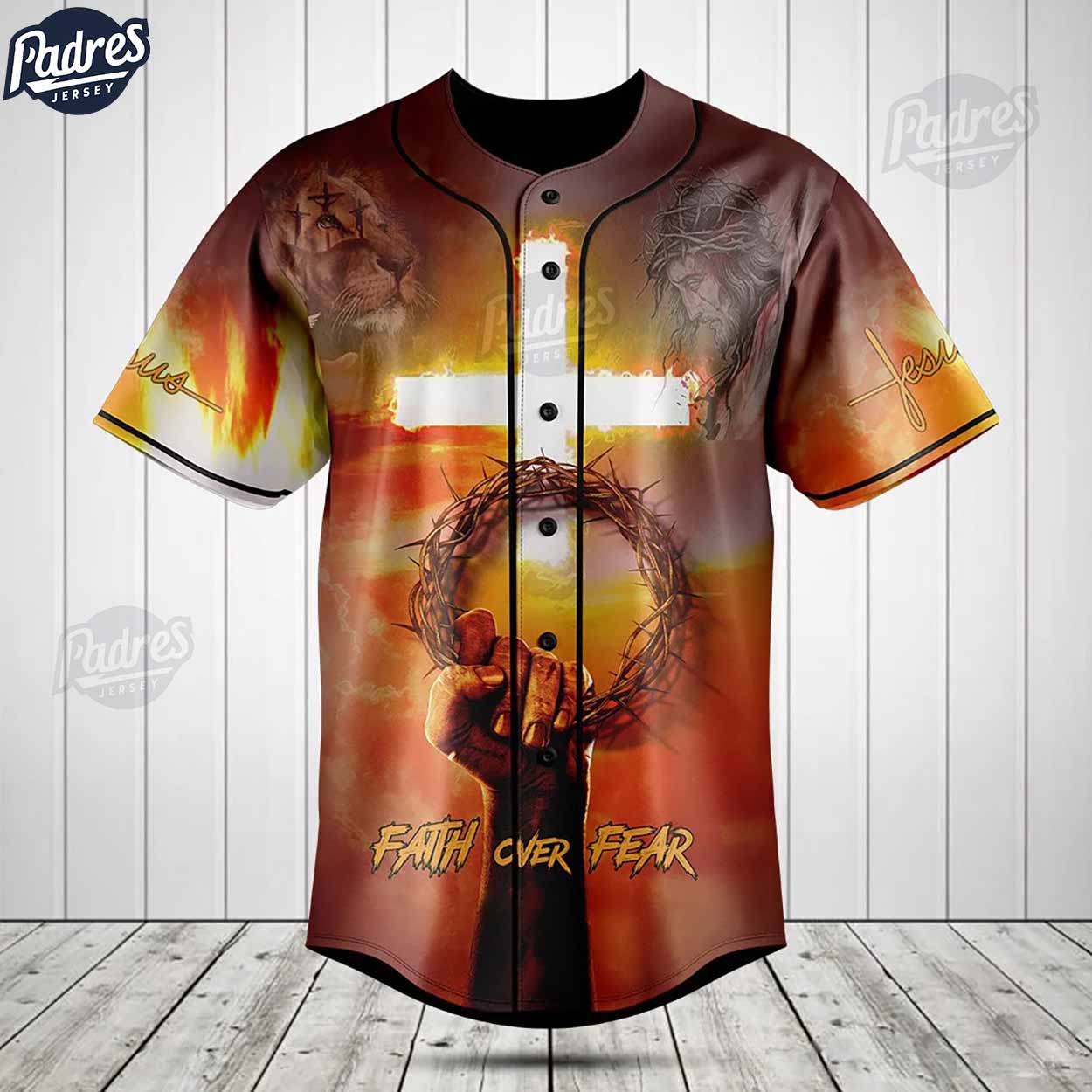 Jesus And Lion Faith Over Fear Baseball Jersey For You - Padres Jersey Oasis: Elevate Your Baseball Style Game... (Image 1)