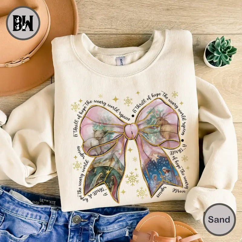 Jesus Christmas Coquette Bow Sweatshirt, Christian Christmas Shirt, Nativity Scene Shirt, Baby Jesus Shirt, Pink...