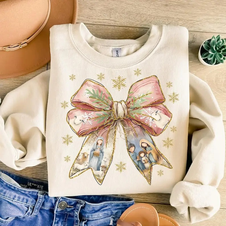 Jesus Christmas Coquette Bow Sweatshirt, Christian Christmas Shirt, Nativity Scene Shirt, Baby Jesus Sweatshirt, Bible...