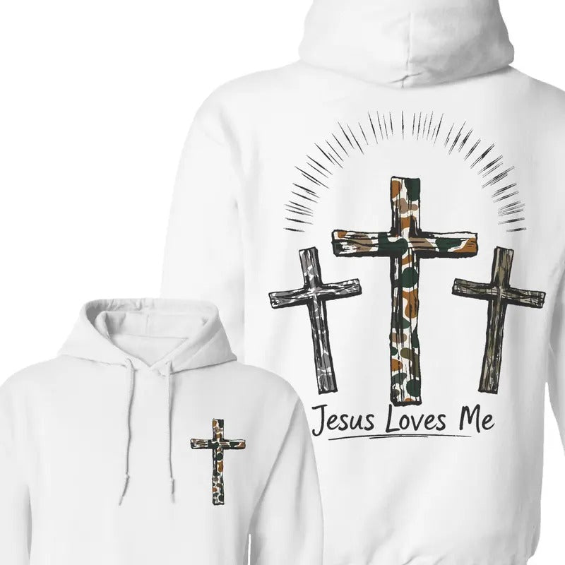 Jesus Loves Me Camo Cross 2 Sided Unisex Hoodie, Religious Hunting Camo Shirt, Jesus Cross in Camo Pattern Sweater, Top...
