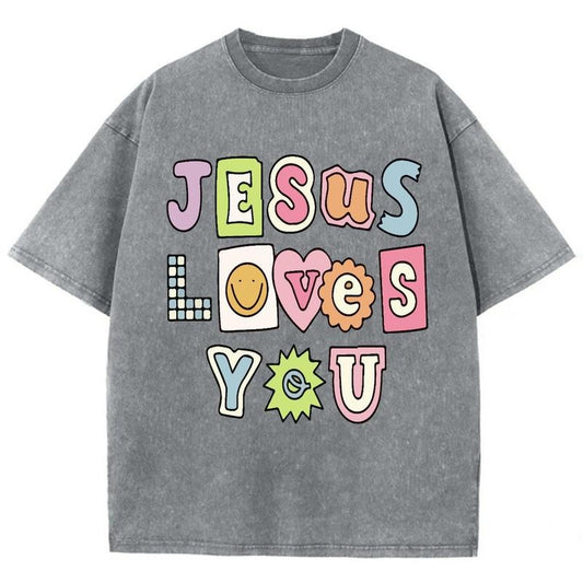 Jesus Loves You Unisex Washed T-Shirt, Christian Tshirts, Vintage 90s Graphic Tee Gift Cotton Top Womenswear, Mineral...