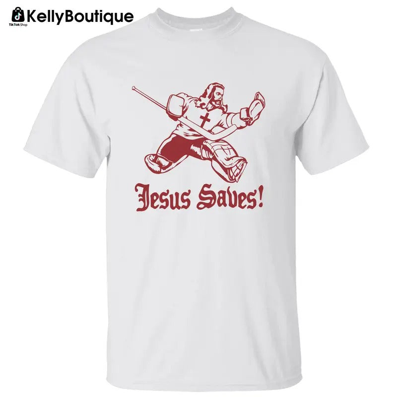 Jesus Saves Jesus Playing Hockey Shirt, Christian Faith Graphic Printed Unisex Classic Cotton T-shirt Hoodie Sweatshirt