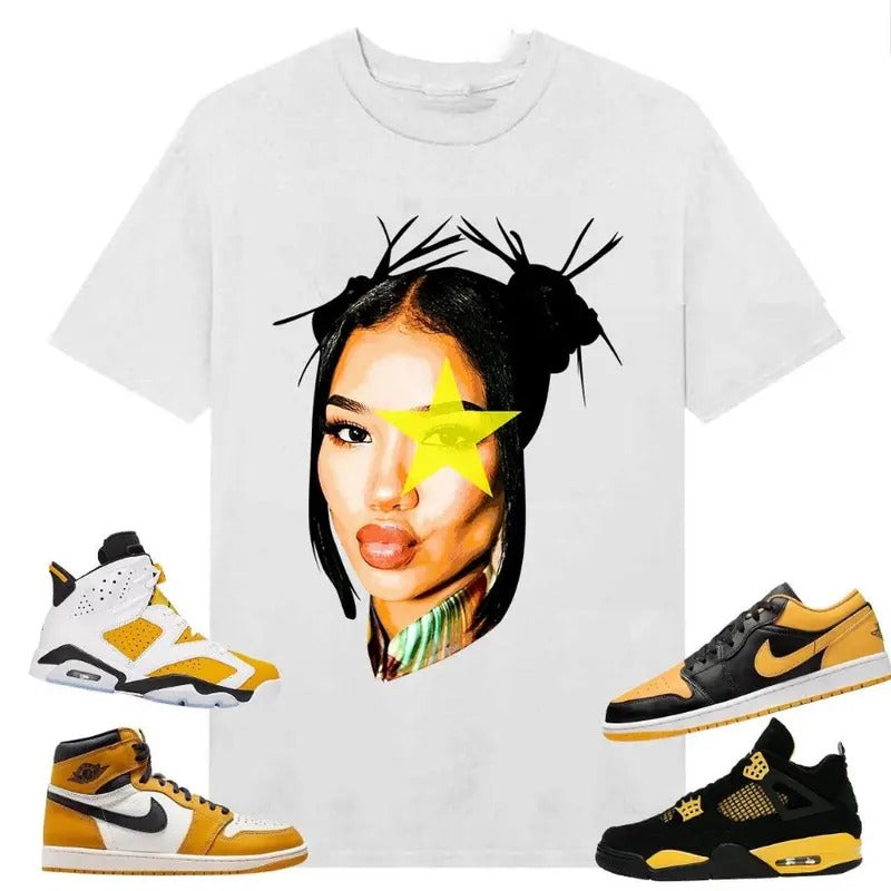 Jh.ene Star Rap Shirt white to match A J 6s Yellow Ochre, A J 1 Yellow Ochre, A J 4 Thunder, Shirt to matching Sneaker...