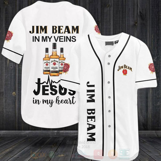 FASHION Jim Beam In My Veins Jesus Is My Heart Baseball Jerseys Botton Shirt