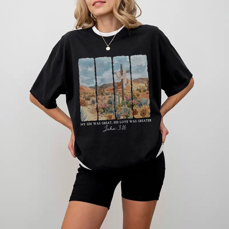 John 3:16 Easter Shirt, Christian Faith Tee, His Love Was Greater, Religious Easter Outfit, Cross and Desert Floral...