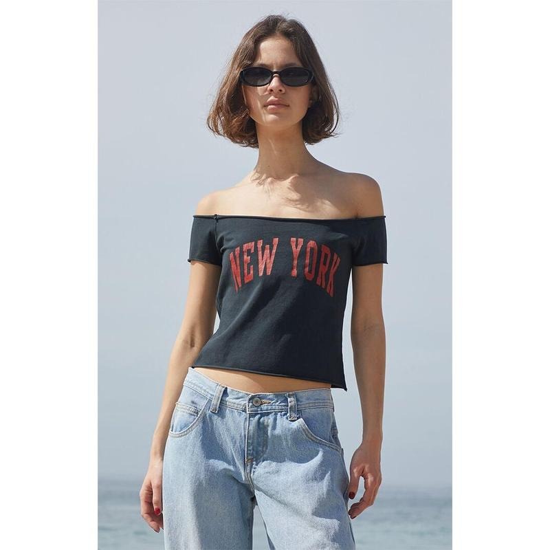 John Galt Women's Black Bonnie New York Off-The-Shoulder Top T-Shirts, Hoodie, Sweatshirt | WearSparks.com