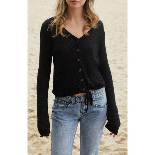 John Galt Women's Black Button Front Tie Cardigan T-Shirts, Hoodie, Sweatshirt | WearSparks.com
