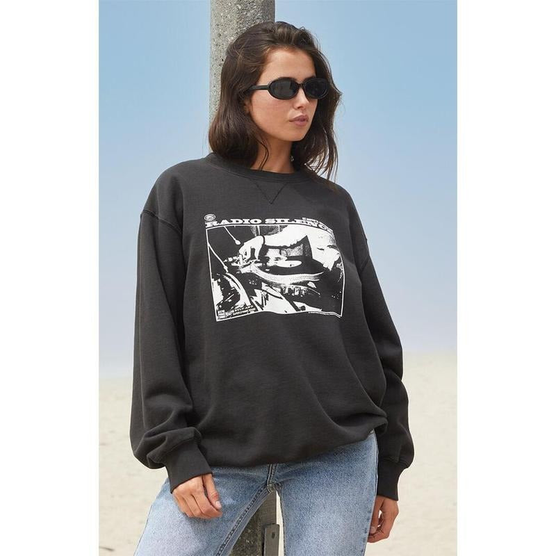 John Galt Women's Black Erica Radio Silence Crew Neck Sweatshirt T-Shirts, Hoodie | WearSparks.com