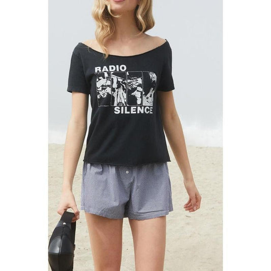 John Galt Women's Black Radio Silence Off-The-Shoulder Top T-Shirts, Hoodie, Sweatshirt | WearSparks.com