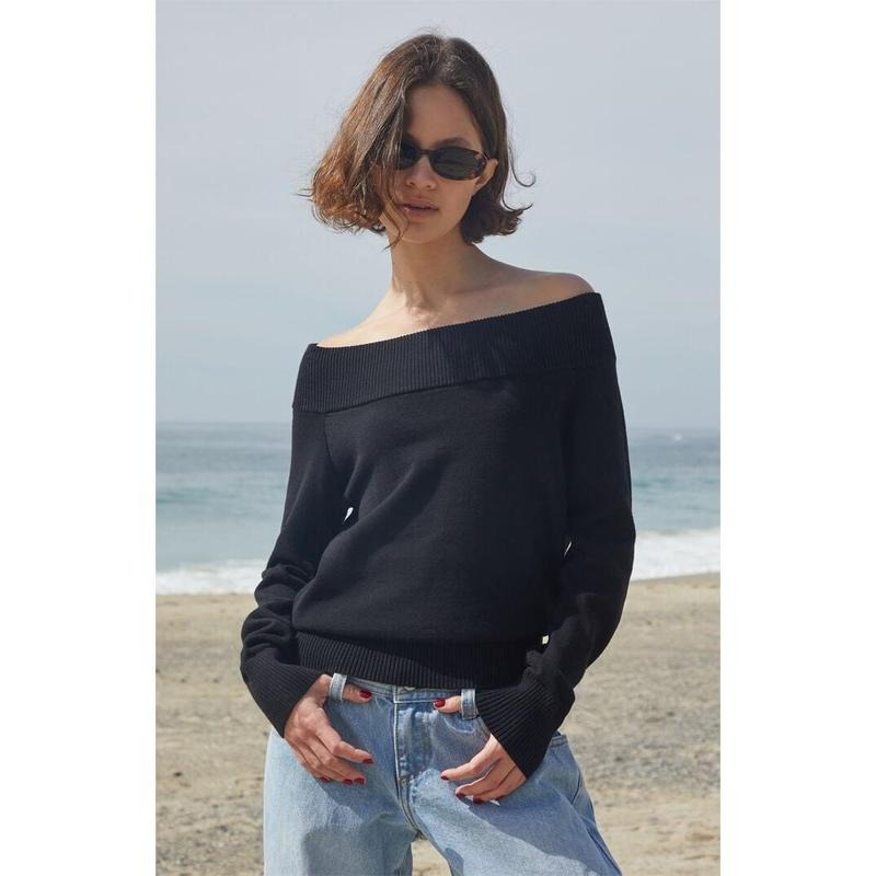John Galt Women's Black Renata Off-The-Shoulder Sweater T-Shirts, Hoodie, Sweatshirt | WearSparks.com