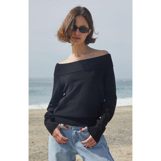 John Galt Women's Black Renata Off-The-Shoulder Sweater T-Shirts, Hoodie, Sweatshirt | WearSparks.com