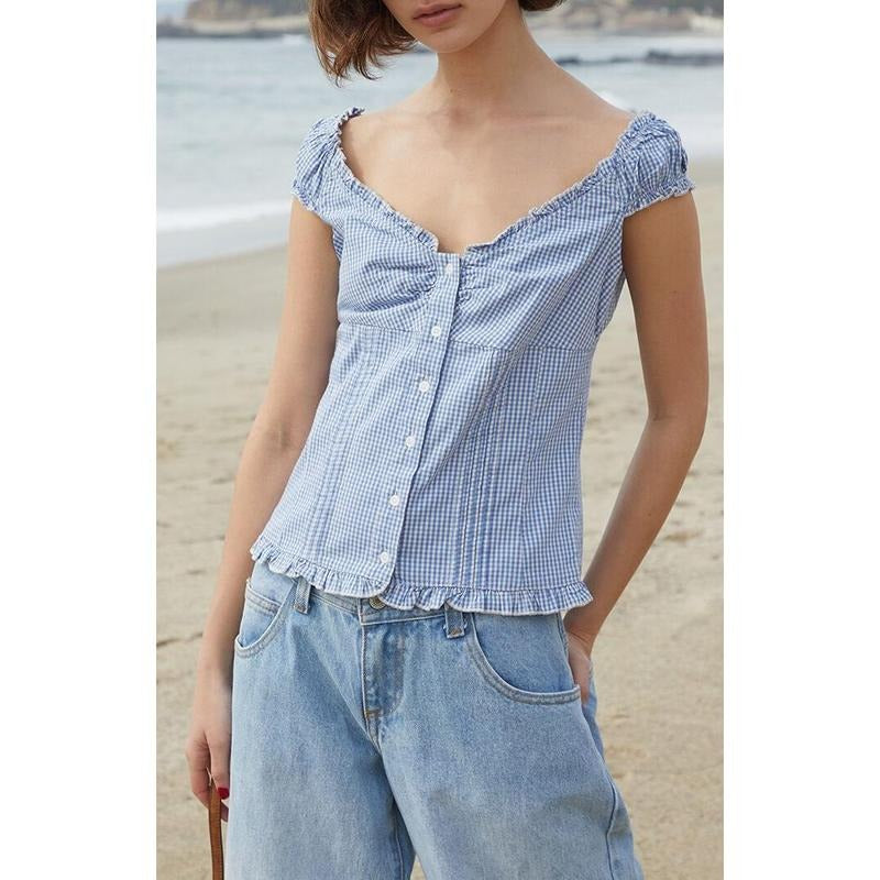 John Galt Women's Blue & White Gingham Elara Top T-Shirts, Hoodie, Sweatshirt | WearSparks.com