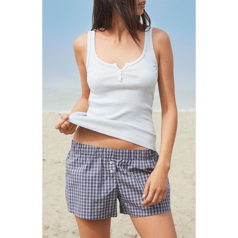 John Galt Women's Blue Plaid Keira Pajama Boxer Shorts T-Shirts, Hoodie, Sweatshirt | WearSparks.com