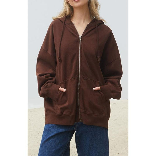 John Galt Women's Brown Christy Full Zip Oversized Hoodie T-Shirts, Sweatshirt | WearSparks.com