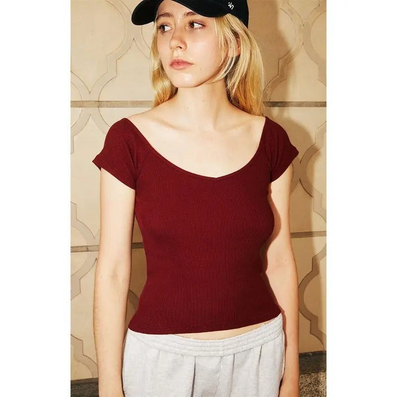 John Galt Women's Burgundy Ada Ribbed Top T-Shirts, Hoodie, Sweatshirt | WearSparks.com