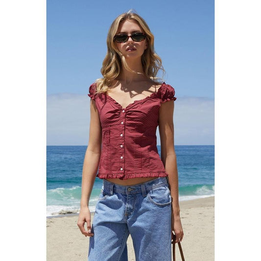 John Galt Women's Burgundy Plaid Elena Top T-Shirts, Hoodie, Sweatshirt | WearSparks.com