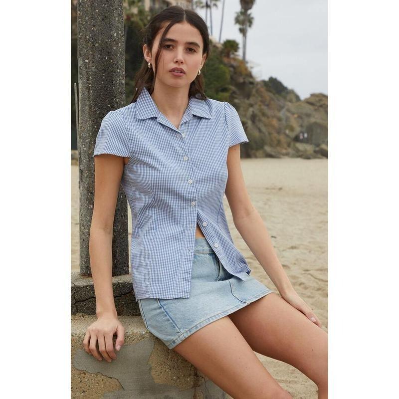 John Galt Women's Light Blue Rue Plaid Collared Top T-Shirts, Hoodie, Sweatshirt | WearSparks.com