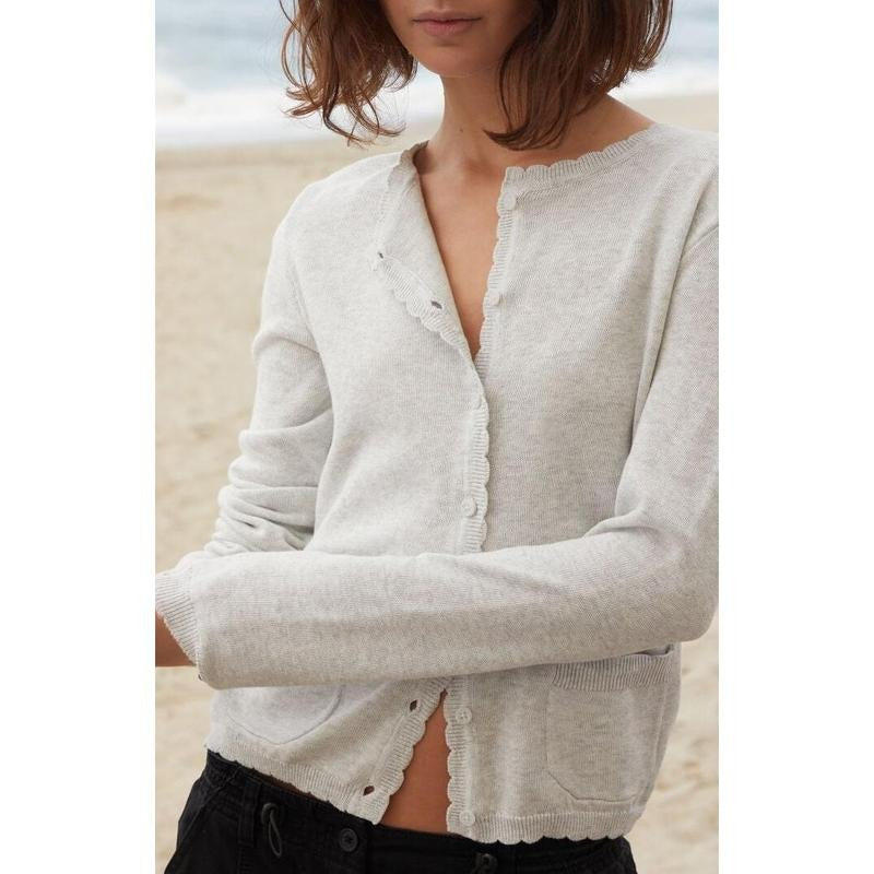 John Galt Women's Light Gray Scalloped Button Down Cardigan T-Shirts, Hoodie, Sweatshirt | WearSparks.com