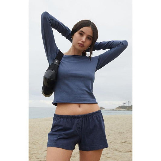 John Galt Women's Navy Bonnie Long Sleeve Off-The-Shoulder Top T-Shirts, Hoodie, Sweatshirt | WearSparks.com