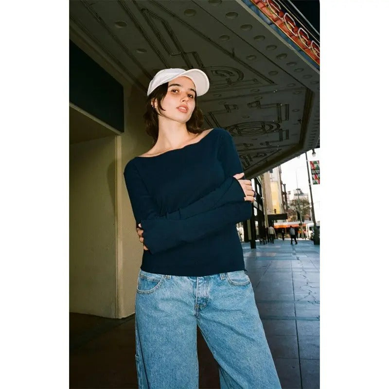 John Galt Women's Navy Lettuce Edge Long Sleeve Top T-Shirts, Hoodie, Sweatshirt | WearSparks.com