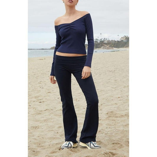 John Galt Women's Navy Off-The-Shoulder Cinched Long Sleeve Top T-Shirts, Hoodie, Sweatshirt | WearSparks.com