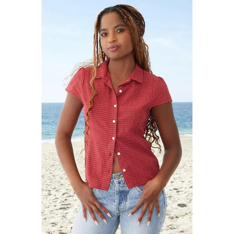 John Galt Women's Red Rue Plaid Collared Top T-Shirts, Hoodie, Sweatshirt | WearSparks.com