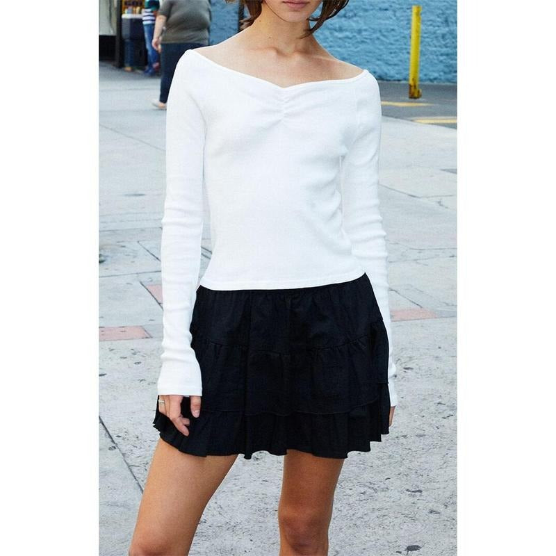 John Galt Women's White Off-The-Shoulder Cinched Long Sleeve Top T-Shirts, Hoodie, Sweatshirt | WearSparks.com