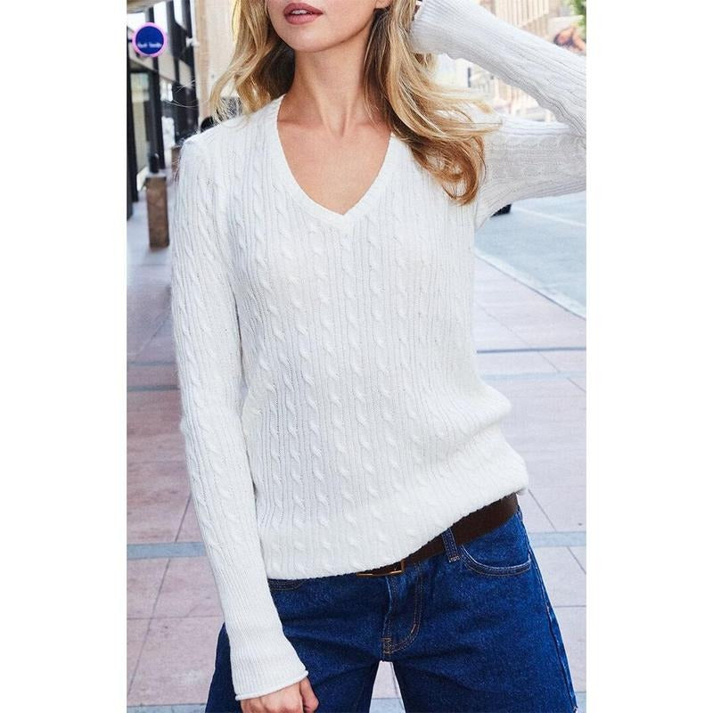 John Galt Women's White V-Neck Cable Knit Sweater T-Shirts, Hoodie, Sweatshirt | WearSparks.com
