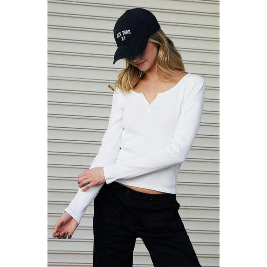 John Galt Women's White Zelly Henley Long Sleeve Top T-Shirts, Hoodie, Sweatshirt | WearSparks.com