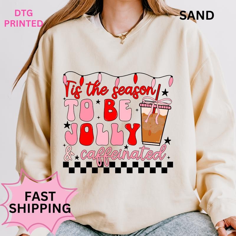 Jolly and Caffienated Christmas sweatshirt Winter Graphic Long Sleeve Casual Cotton Polyester Oversized sweatshirt -...