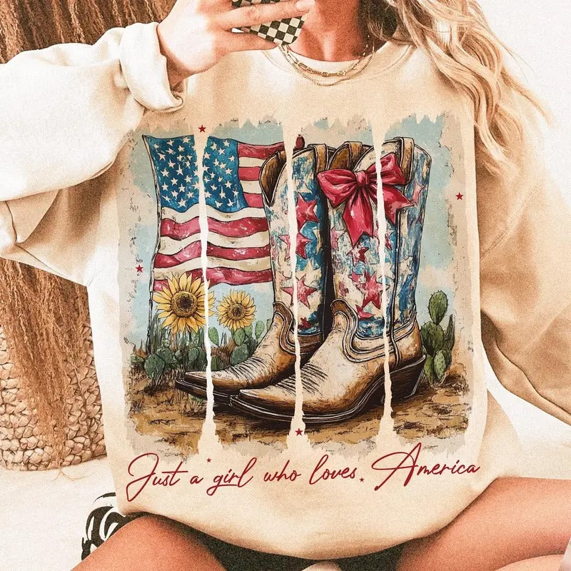 Just A Girl Who Loves America Sweatshirt, America Western 4th Of July Tee, Cowgirl USA 4th of July Shirt, Memorial Day...