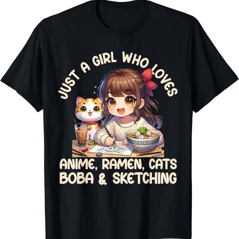 Just A Girl Who Loves Anime Ramen Cats Boba And Sketching TShirt Hoodie, Sweatshirt | WearSparks.com