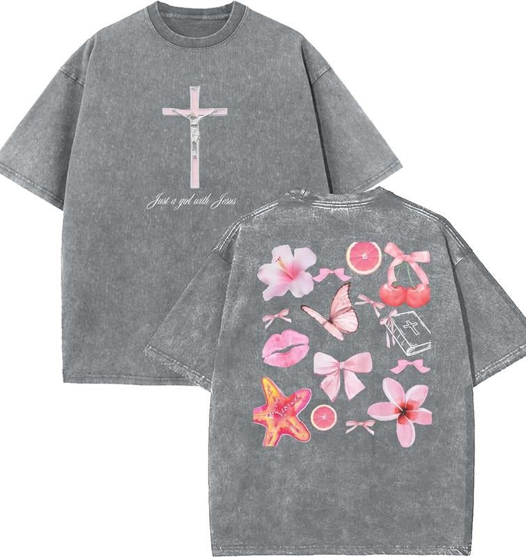 Just A Girl With Jesus Unisex Washed T-Shirt, Christian t shirts, Vintage 90s Graphic Tee, Gift Top Womenswear Cotton...