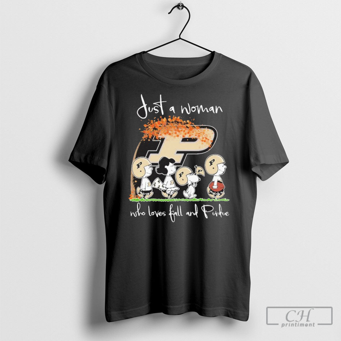 Just A Woman Who Loves Fall And Purdue Boilermakers X The Peanuts Walking Shirt
