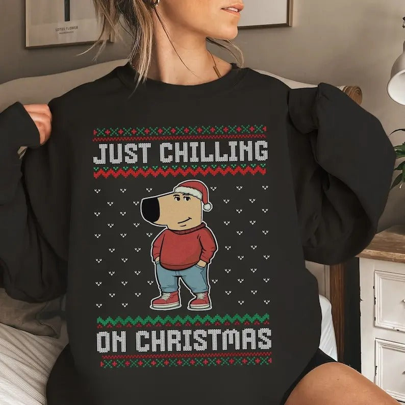 Just Chilling On Christmas Ugly Christmas Sweater Sweatshirt, Chill Guy Christmas, Funny Dog Cartoon T-Shirts, Hoodie