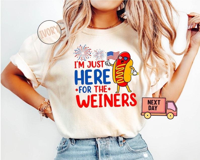 Just Here For The Wieners Shirt, 4th of July Funny Hot Dog, Independence Day Tee, Retro America Patriotic Weenies Hoodie,...