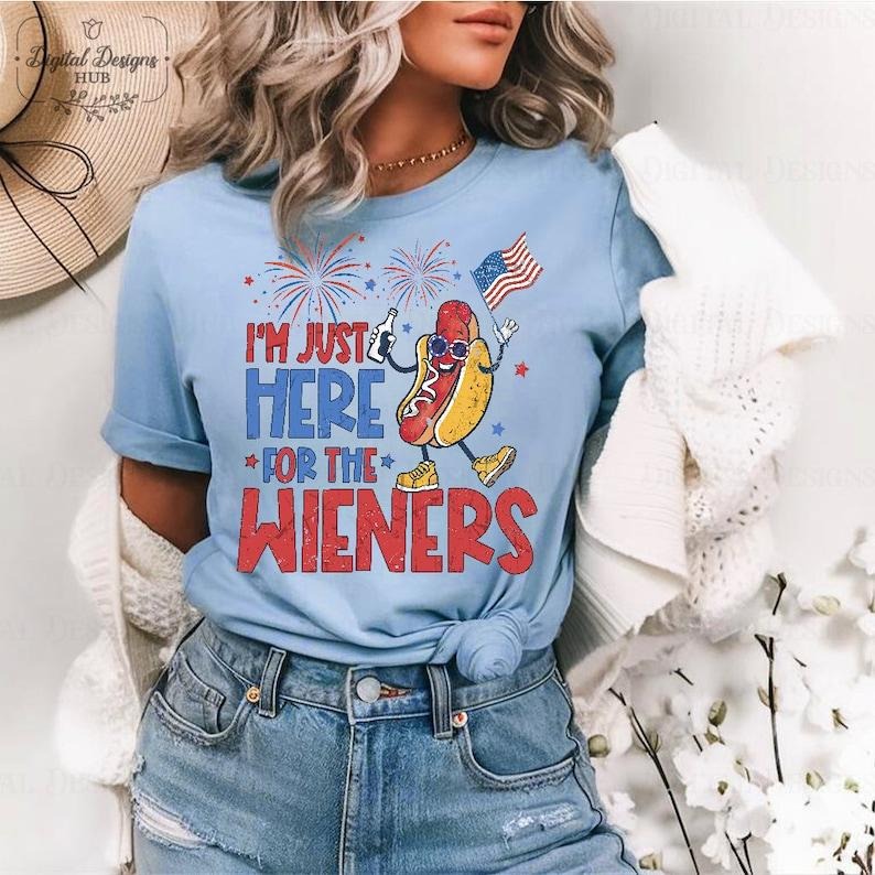 Just Here For The Wieners Shirt, Hot Dog T-Shirt, 4th of July Shirt Funny, Independence Day Tee, Retro America Patriotic...