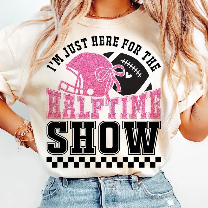 Just Here for the Halftime Show T-Shirt, Retro Checkered Football T-Shirt, Retro Checkered Coquette Varsity Football...