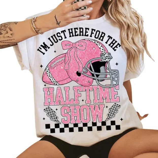 Just Here for the Halftime Show Tee, Classic Checkered Rugby Shirt, Funny Game Day Graphic Tee Coquette Bow, Streetwear...