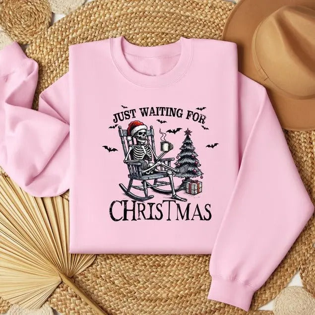 Just Waiting For Christmas Sweatshirt, Christmas Skeleton Sweatshirt, Funny Christmas Shirt, Skeleton Halloween Shirt,...