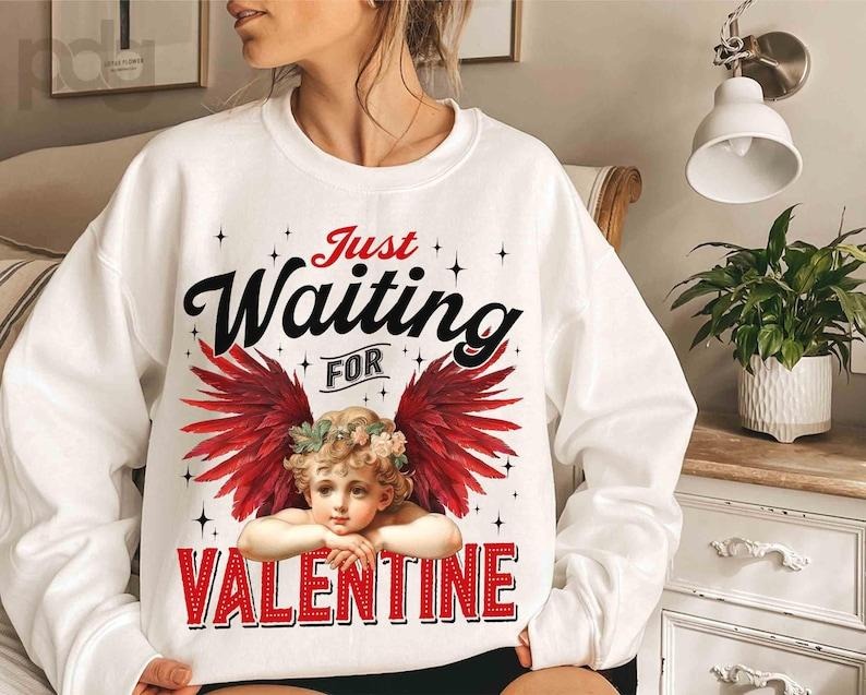 Just Waiting For Valentine's Sweatshirt Retro Valentine , Valentines Day , Red Wings Cupid , Valentine Heart T-Shirts, Hoodie