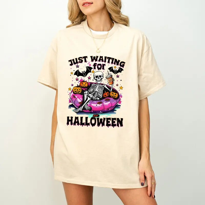 Just Waiting for Halloween T-Shirt, Cute Summerween T-Shirt,  Spooky Summer Halloween Sublimation Design, Skeleton, Funny...