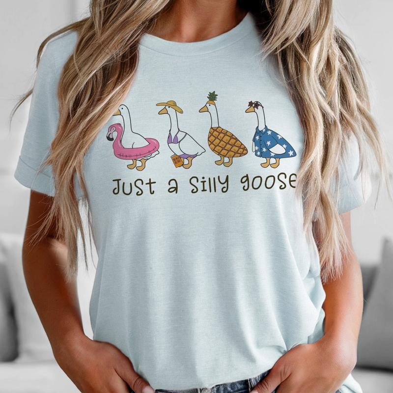 Just a Silly Goose Graphic Tee Duck Beach Casual Womens Top with Funny Goose Design for Vacation Wear