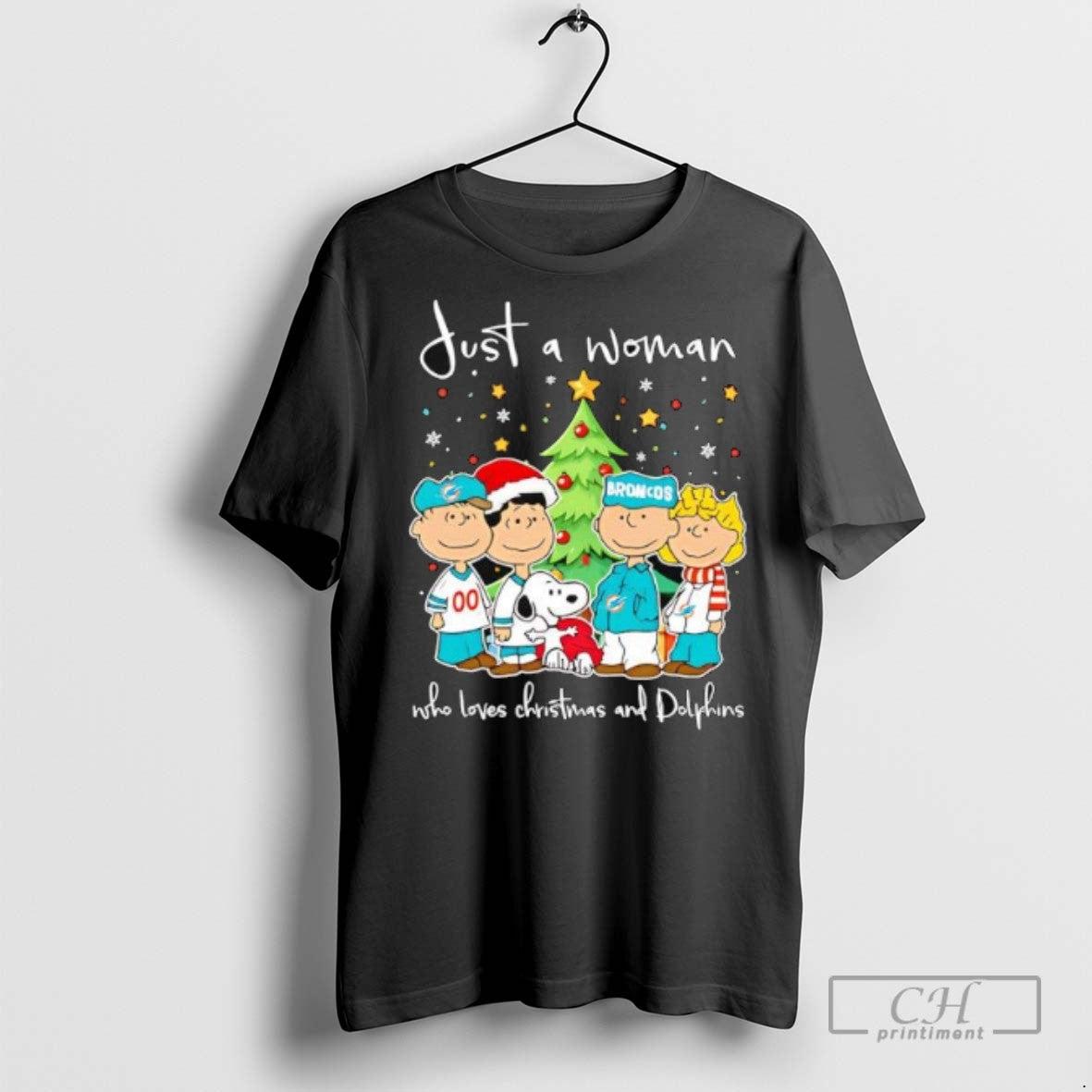 Just A Woman Who Loves Christmas And Miami Dolphins X Peanuts Characters T Shirts