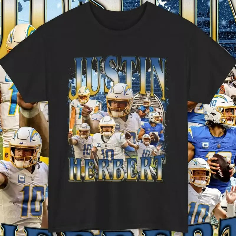Justin Herbert T-Shirts Graphic Tee Vintage Los Angeles Football Unisex, Apparel for Game Day, Gift for Football Fans...