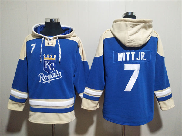 Kansas City Royals #7 Bobby Witt Jr. Blue Ageless Must-Have Lace-Up Pullover
